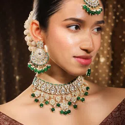 Rubans 22K Gold-Plated Kundan Studded Emerald Green Beaded Choker Necklace Set-picture-19
