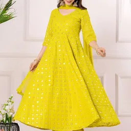 Libas Womens Mustard Embroidered Georgette Anarkali Kurta With Churidar & Dupatta-picture-10