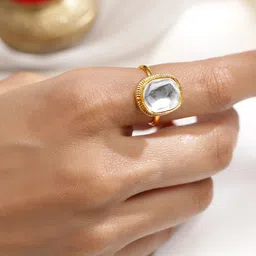 Rubans 18K Gold-Plated Oversized White Kundan Classic Cushion Design Adjustable Ring-picture-10