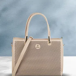 Mochi Women Beige Textured PU Structured Handheld Bag with Cut Work-picture-13