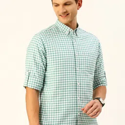 HERE&NOW Green Classic Slim Fit Gingham Checked Casual Pure Cotton Shirt-picture-27