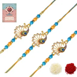 MEIRA JEWELLERY Set Of 3 Rakhi With Roli Chawal & Greetings Card Set image 1