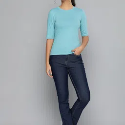 HERE&NOW Women Blue Solid Pure Cotton Knitted T-shirt image 1