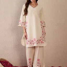 Indo Era Women Floral Embroidered Regular Thread Work Pure Cotton Kurta with Palazzos-picture-46