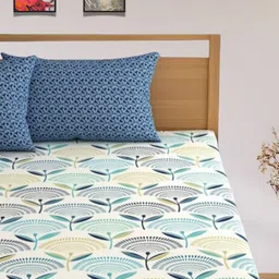 Aura White & Blue Floral Printed Cotton 350 TC King Bedsheet Set 2.75 m x 2.75 m-picture-42