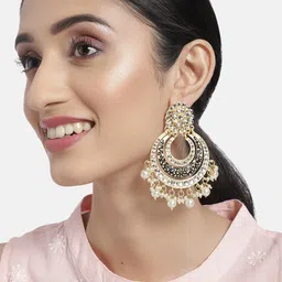 I Jewels Black Gold Plated Antique Finish Kundan Enamelled Crescent Shaped Chandbalis-image-35