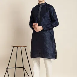 SOJANYA Men Navy Blue Ethnic Motifs Thread Work Kurta with Churidar image 5