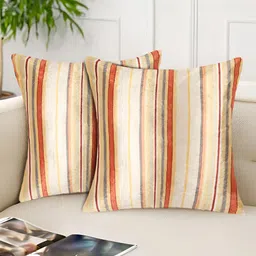 Tesmare Cream-Coloured & Off White 2 Pieces Striped Velvet Square Cushion Covers-image-0