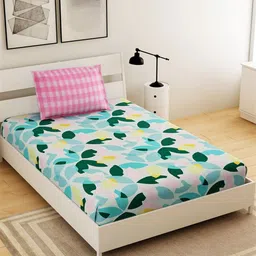 Salona Bichona Green & White Floral 144 TC Single Bedsheet with 1 Pillow Covers-image-64