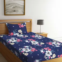 KLOTTHE Blue & White Floral 300 TC Single Bedsheet with 1 Pillow Cover-image-81