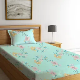 KLOTTHE Green & Pink Floral 300 TC Single Bedsheet with 1 Pillow Cover-picture-16