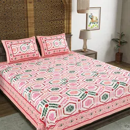 BLOCKS OF INDIA Pink & Green Geometric Cotton 210 TC King Bedsheet & 2 Pillow Covers-picture-17