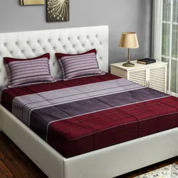 SWAYAM Grey & Maroon Striped 200 TC Cotton 1 Queen Bedsheet with 2 Pillow Covers-picture-49