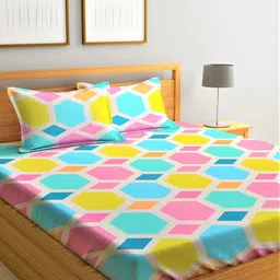 Home Sizzler Pink & Yellow Geometric 144 TC Queen Bedsheet with 2 Pillow Covers-image-40