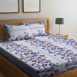 Arrabi Blue & Grey Floral 300 TC King Bedsheet with 2 Pillow Covers-picture-35