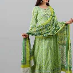 KALINI Women Green Paisley Printed Panelled Pure Cotton Kurta with Churidar & With Dupatta-picture-33