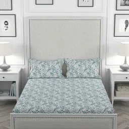 ROSARA HOME White & Teal Ethnic Motifs 200 TC King Bedsheet with 2 Pillow Covers image 2