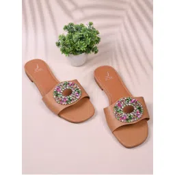 Jove Women Camel Tan Western Embellished Open Toe Flats-picture-22