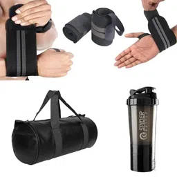 true indian Combo Pack of 3 Shaker Bottle With Gym Bag and Wrist Band - 500 ml Bottle, Duffel Bag for Fitness, Shoulder Bags, Wrist Support for Men and Women (BLACK) image 1