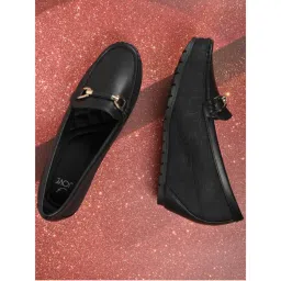 Jove Women Black Textured Wedge Heel Loafers-image-71