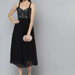 SCOUP Black Floral Georgette A-Line Dress image 5