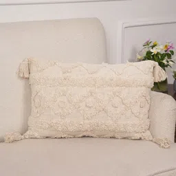 Art Avenue Cream-Coloured Self Design Cotton Rectangle Cushion Cover image 1