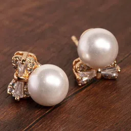 Zaveri Pearls White Gold-Plated Beaded Bow-Shaped CZ Studs-image-41
