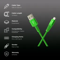 boAt Rugged 700 V3 Type A to Micro USB 4.9 Feet (1.5M) Cable (Tangle-free Design, Green) image 2