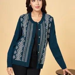 RANGMANCH BY PANTALOONS Women Teal & White Printed Acrylic Cardigan-picture-41