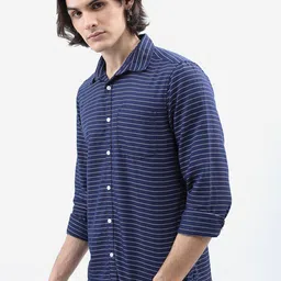 HIGHLANDER Navy Blue Horizontal Striped Slim Fit Casual Shirt image 3