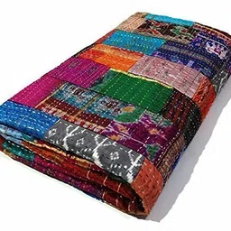 Fashion Hub Textile Work Creations Quilt Bedcover Bedspread Kantha Quilt Indian Bedding Blue Grey Throw Tapestry Hand Embroidered Pure Cotton Quilted Bedding 90 X 108 Inches (Queen Size), skinfriendly image 1