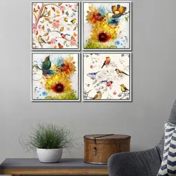 999Store Set Of 4 White & Yellow Birds Sitting On The Tree Stem Printed Canvas Wall Painting image 1