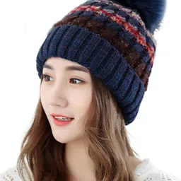 YOUSTYLO Adults Blue & Red Self Design Woolen Winter Pompom Cap image 2