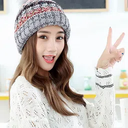 YOUSTYLO Adults Grey & Maroon Self Design Woolen Winter Pompom Cap image 5
