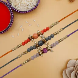 STYBUZZ Set Of 2 Red & Gold-Coloured Beaded Rakhi With Greeting Card and roli chawal-picture-33