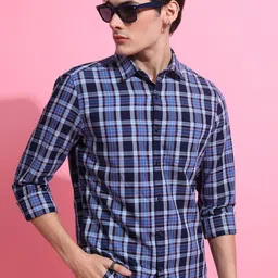 HIGHLANDER Navy Blue Slim Fit Tartan Checks Cotton Casual Shirt-image-96