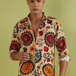Campus Sutra Classic Ethnic Motifs Printed Spread Collar Long Sleeve Cotton Casual Shirt-picture-10