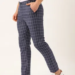 SOJANYA Men Navy Blue & White Smart Regular Fit Checked Trousers image 4