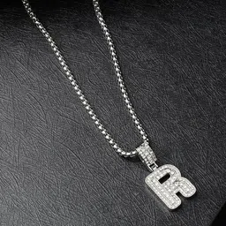 French Accent Silver-Plated R Alphabet-Shaped Stones-Studded Pendant With Chain-picture-38