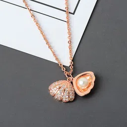 Royatto Rose Gold-Plated Trendy Cubic Zircon Studded Shell With Beaded Pendant Chain-image-3