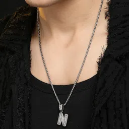 French Accent Men Silver Plated Stone Studded N Alphabet Pendant With Chain image 2