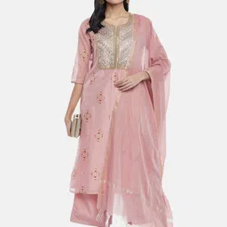 RANGMANCH BY PANTALOONS Women Pink Chanderi Cotton Kurta with Palazzos & With Dupatta image 1