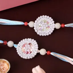 panash PANASH- Gold-Plated Pearls Thread Rakhi With Roli Chawal image 4