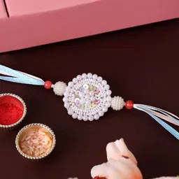 panash PANASH- Gold-Plated Pearls Thread Rakhi With Roli Chawal image 2