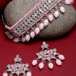 ZENEME Silver-Plated Kundan Studded & Beaded Jewellery Set image 1