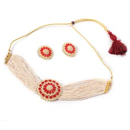 Jazz and Sizzle Gold-Plated Gold-Toned Red Kundan Studded & Beaded Choker Jewellery Set image 2