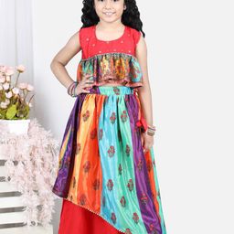 Sangria Girls Red & Blue Floral Printed Ready to Wear Layered Silk Lehenga With Peplum Top-picture-36