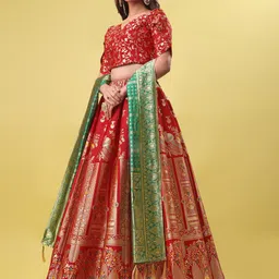 PURVAJA Woven Design V-Neck Ready to Wear Lehenga & Unstitched Blouse With Dupatta image 5