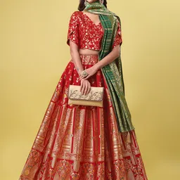 PURVAJA Woven Design V-Neck Ready to Wear Lehenga & Unstitched Blouse With Dupatta image 4