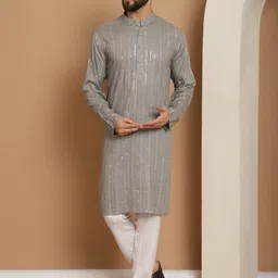 Anouk Grey Leheriya Embroidered Mandarin Collar Pure Cotton Straight Kurta With Churidar image 1